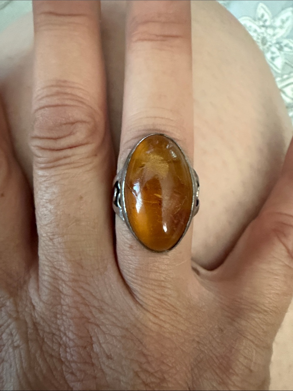 Amber Oval Stone Sterling Silver Women's Ring size 7.5